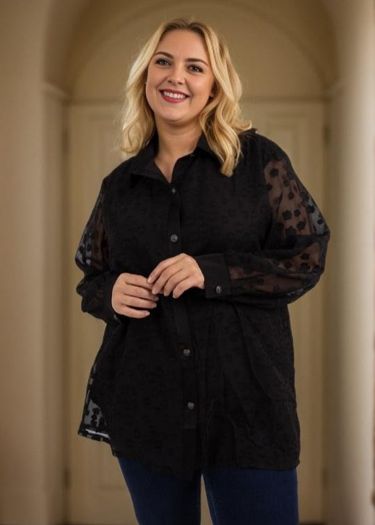 Camicia Curvy Elegante con Inserti Satinati e Fantasia Floreale