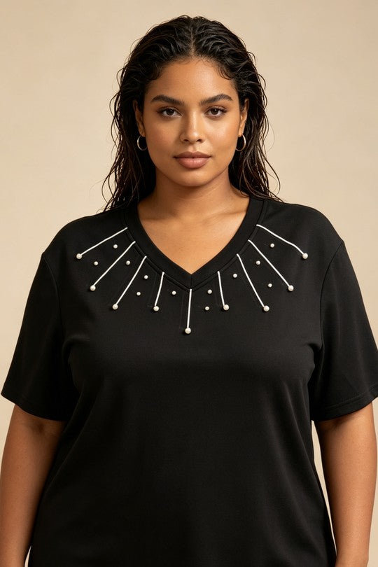 Maglia Donna Curvy con Scollo a V e Perline – Taglie Comode e Conformate Elasticizzata