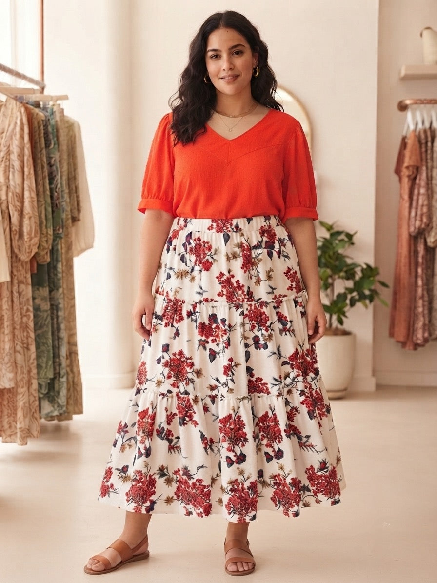 Gonna Donna Taglie Comode a Fiori – Gonna Lunga con Elastico in Vita