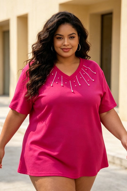 Maglia Donna Curvy con Scollo a V e Perline – Taglie Comode e Conformate Elasticizzata