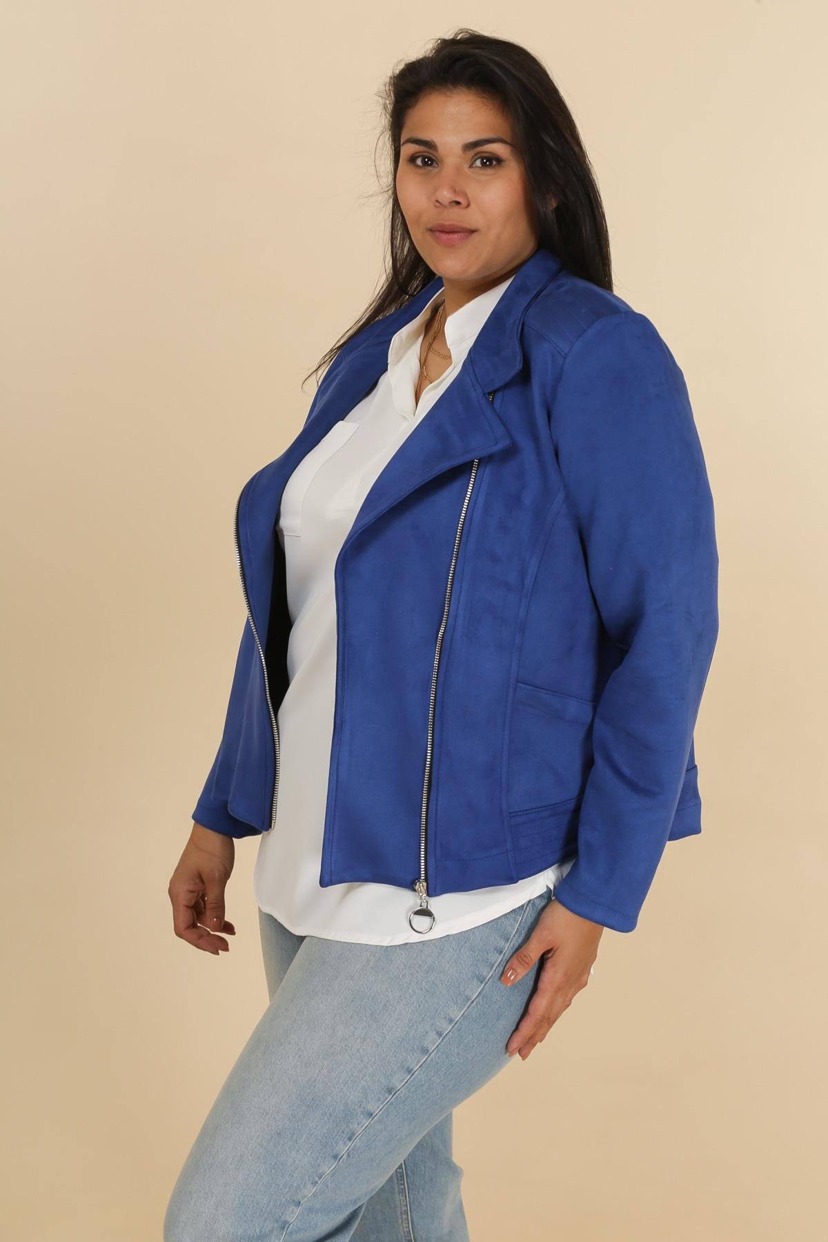Giacca Scamosciata con Zip e Impunture – Blu Elettrico