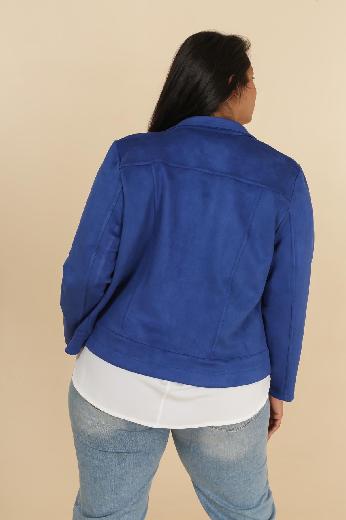 Giacca Scamosciata con Zip e Impunture – Blu Elettrico