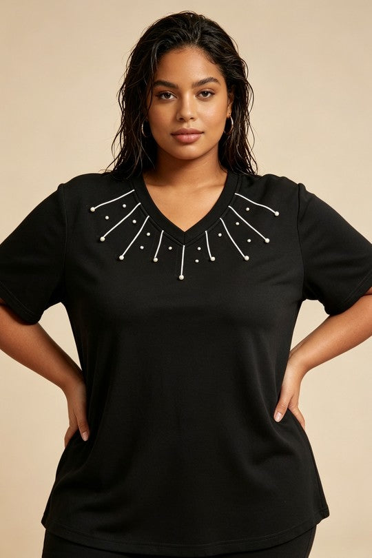 Maglia Donna Curvy con Scollo a V e Perline – Taglie Comode e Conformate Elasticizzata