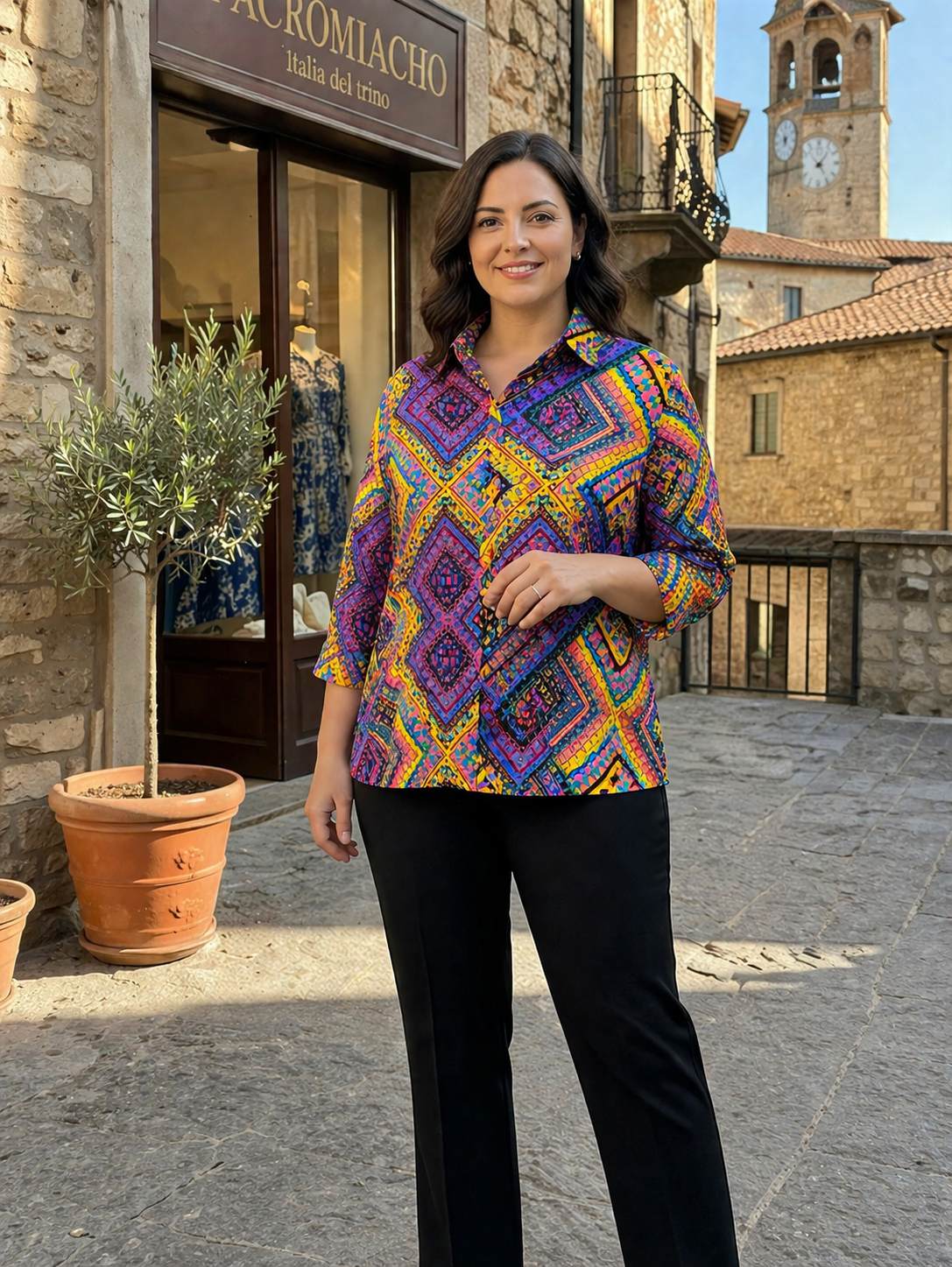 Camicia Fantasia Con Bottoni – Manica 3/4 In Cotone E Viscosa