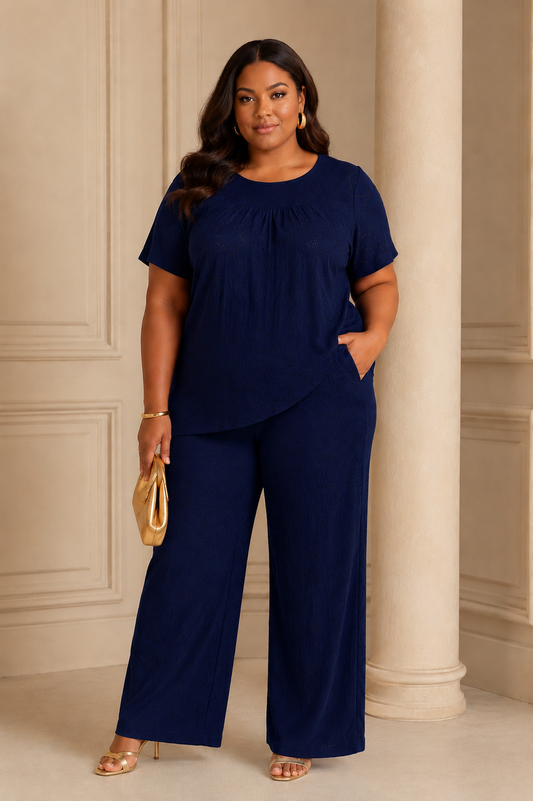 Pantalone Donna a Palazzo Curvy - Effetto Sangallo con Elastico in Vita