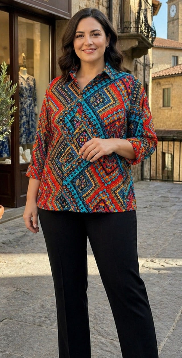 Camicia Fantasia Con Bottoni – Manica 3/4 In Cotone E Viscosa