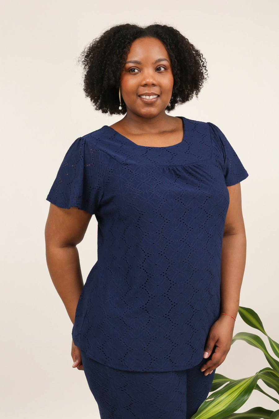 Casacca Donna Elegante Curvy in Sangallo Blu – Blusa Ampia Estiva con Manica Corta