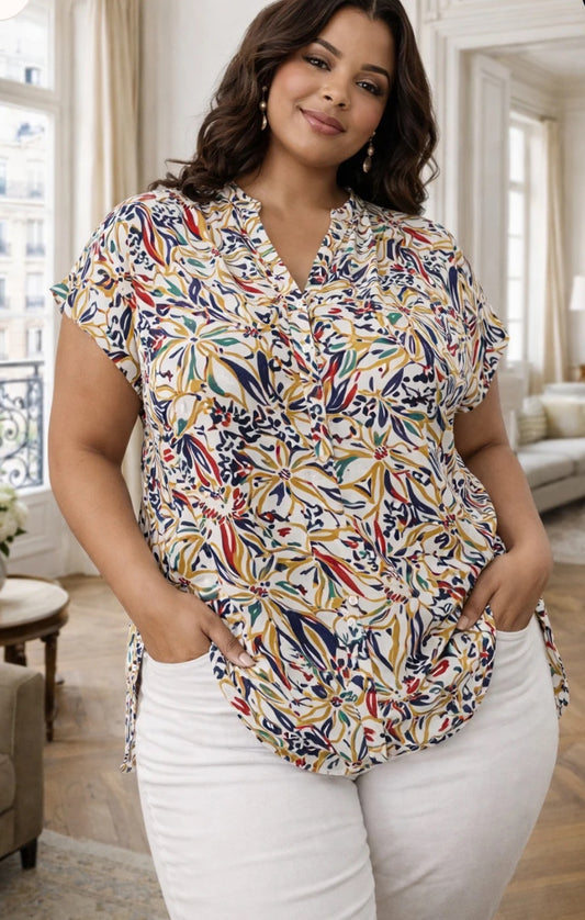 Casacca Donna Curvy a Fiori con Scollo a V e Bottoni – Taglie Comode