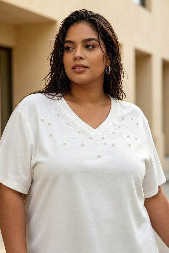 Maglia Donna Curvy con Scollo a V e Perline – Taglie Comode e Conformate Elasticizzata