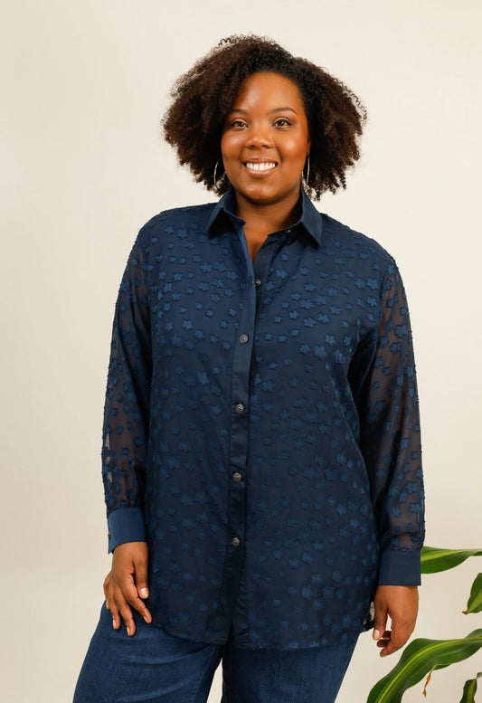 Camicia Curvy Elegante con Inserti Satinati e Fantasia Floreale