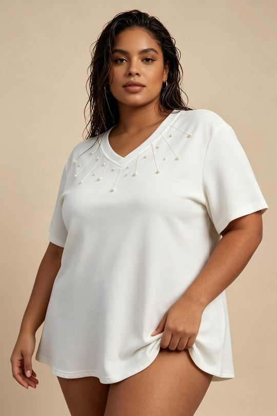 Maglia Donna Curvy con Scollo a V e Perline – Taglie Comode e Conformate Elasticizzata
