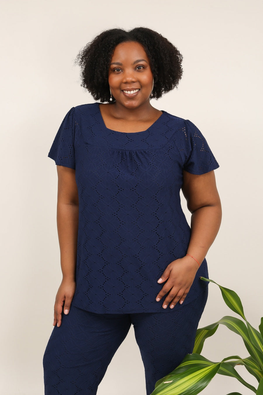 Casacca Donna Elegante Curvy in Sangallo Blu – Blusa Ampia Estiva con Manica Corta