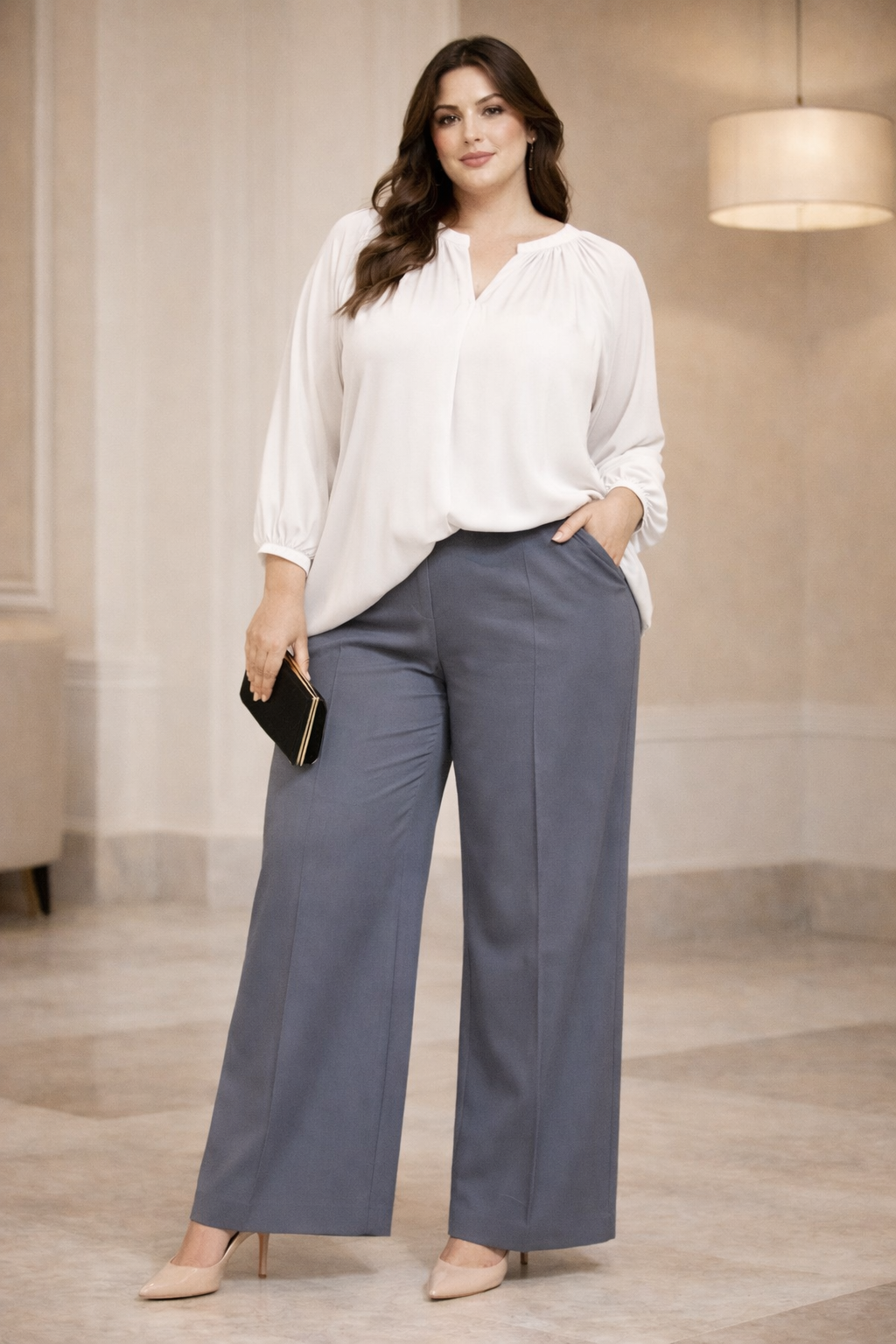 Camicetta Plissettata con Scollo a V e Polsini