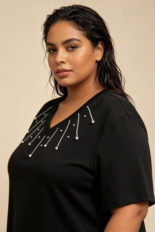 Maglia Donna Curvy con Scollo a V e Perline – Taglie Comode e Conformate Elasticizzata