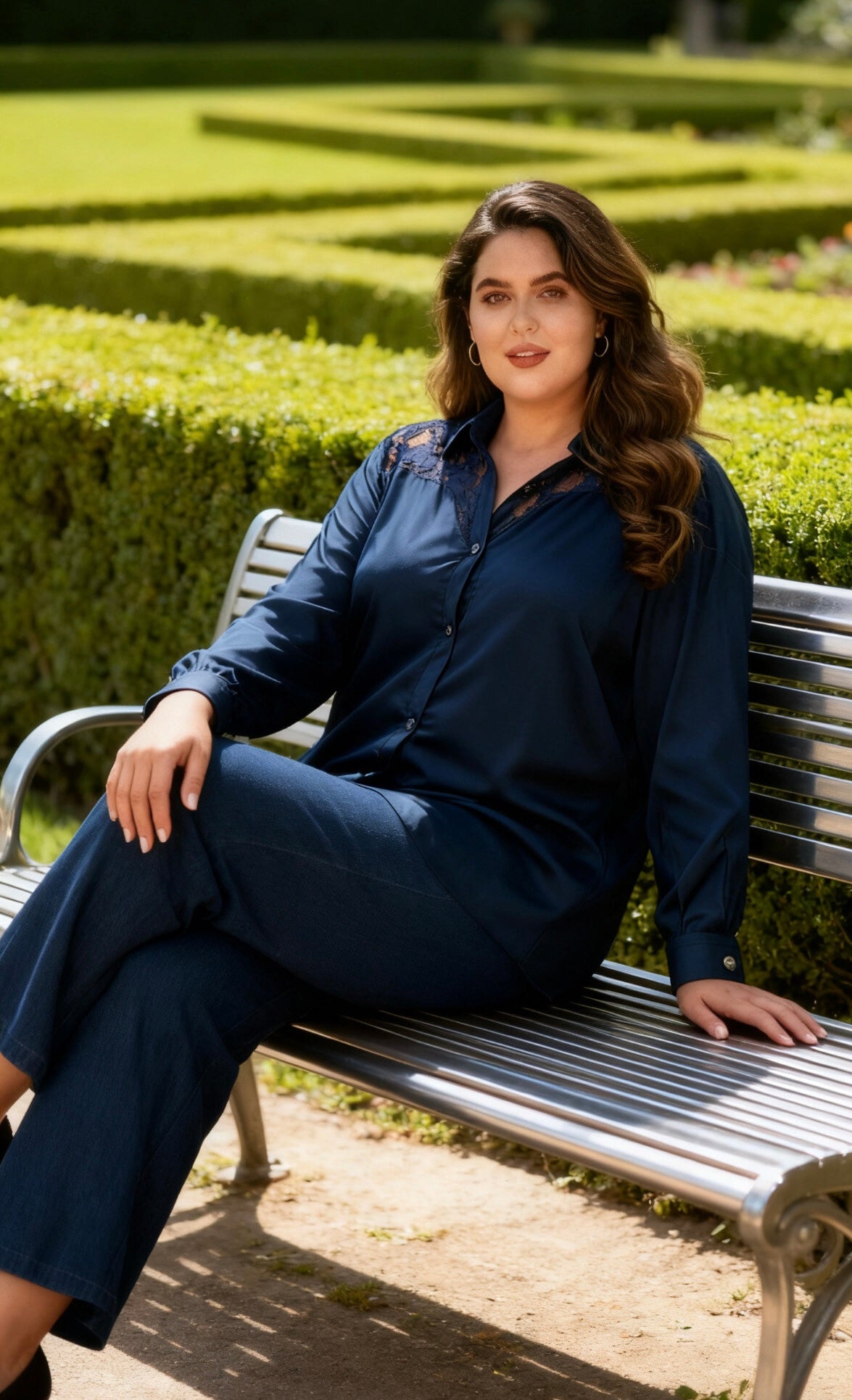 Camicia Lunga in Satin Blu Notte con Intarsio in Pizzo