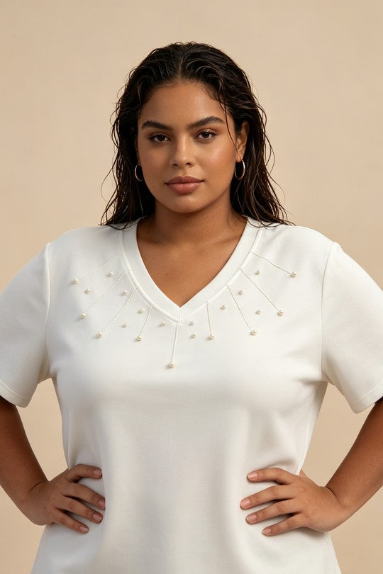 Maglia Donna Curvy con Scollo a V e Perline – Taglie Comode e Conformate Elasticizzata