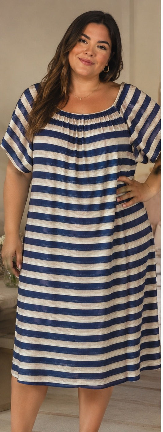 Vestito Donna Curvy a Righe con Scollo a Barchetta