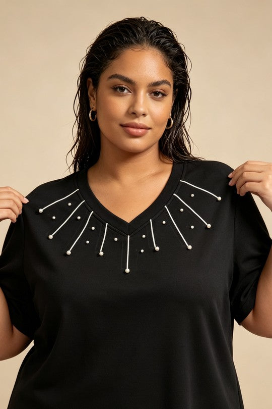 Maglia Donna Curvy con Scollo a V e Perline – Taglie Comode e Conformate Elasticizzata