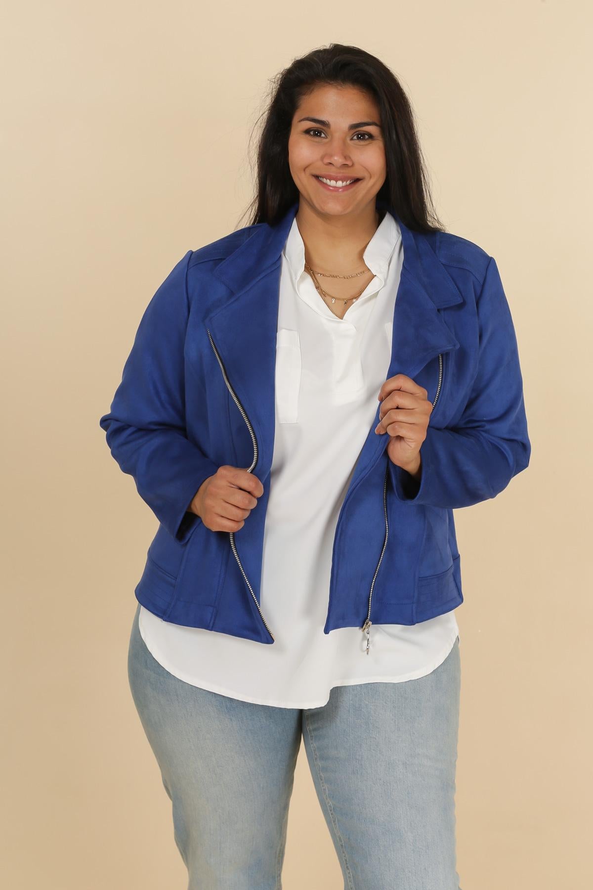 Giacca Scamosciata con Zip e Impunture – Blu Elettrico