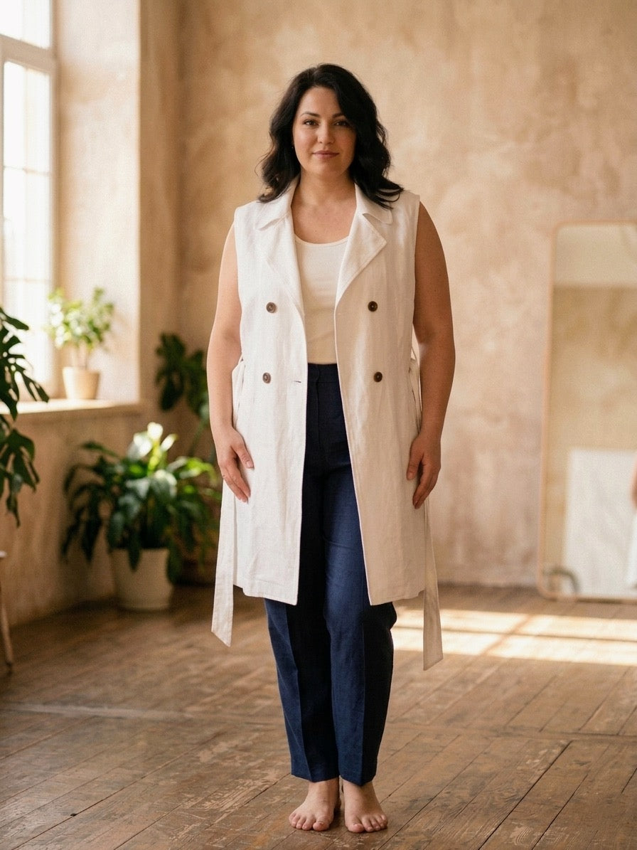 Abito Gilet Donna Taglie Comode Estivo Doppio Petto in Lino Fresco