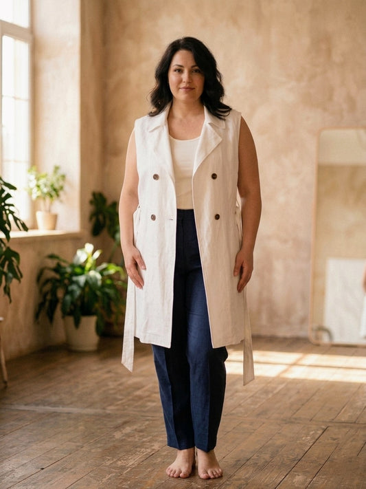Abito Gilet Donna Taglie Comode Estivo Doppio Petto in Lino Fresco