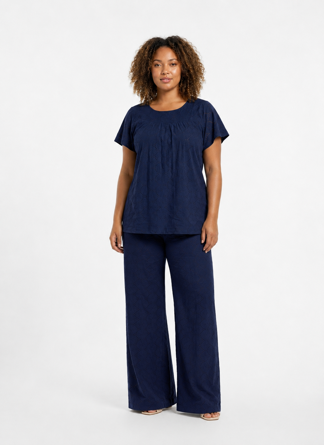 Pantalone Donna a Palazzo Curvy - Effetto Sangallo con Elastico in Vita