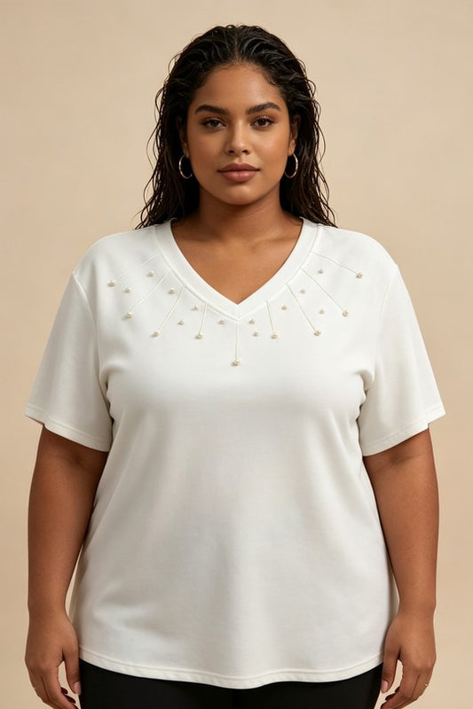 Maglia Donna Curvy con Scollo a V e Perline – Taglie Comode e Conformate Elasticizzata