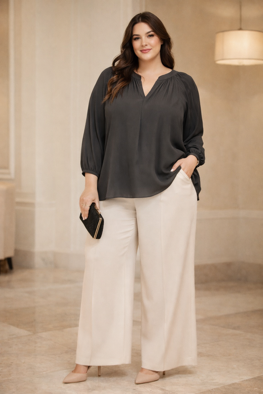 Camicetta Plissettata con Scollo a V e Polsini