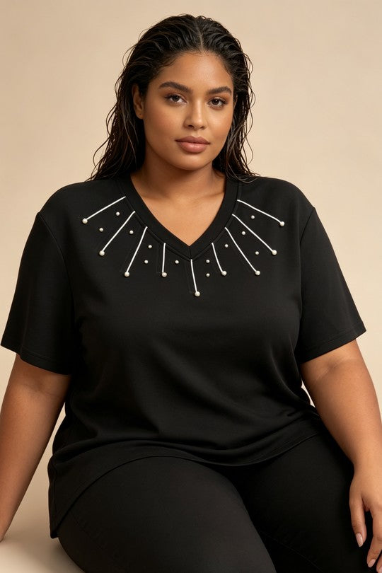 Maglia Donna Curvy con Scollo a V e Perline – Taglie Comode e Conformate Elasticizzata
