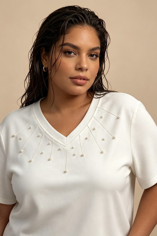 Maglia Donna Curvy con Scollo a V e Perline – Taglie Comode e Conformate Elasticizzata