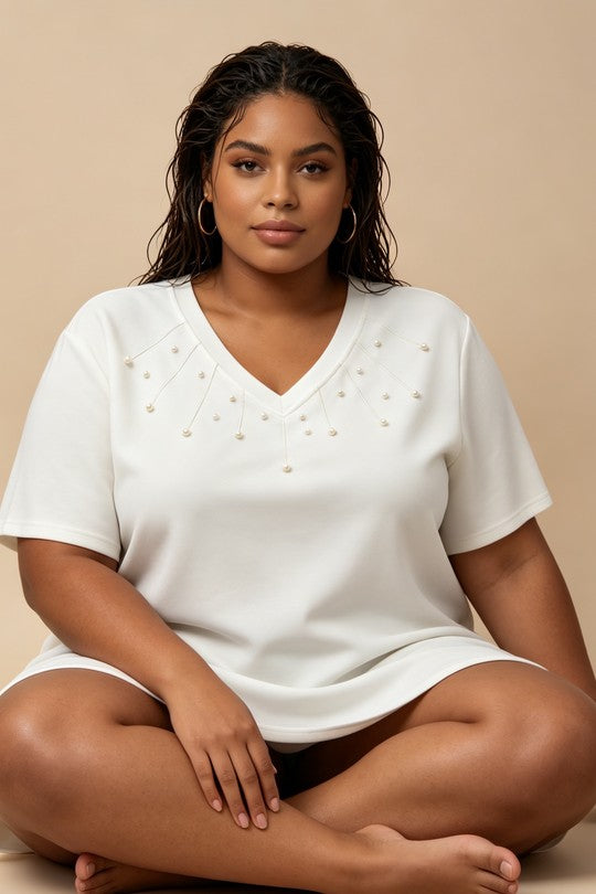 Maglia Donna Curvy con Scollo a V e Perline – Taglie Comode e Conformate Elasticizzata