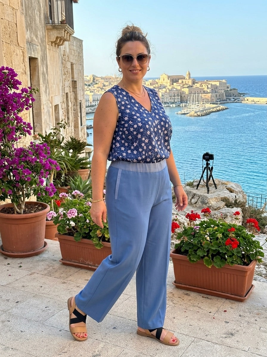 Pantalone Taglie Comode Effetto Jeans con Fascia a Contrasto e Tasche