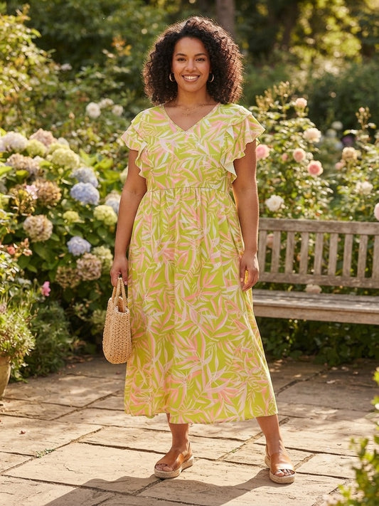 Vestito Curvy Taglie Comode a Fiori con Scollo a V e Maniche a Volant