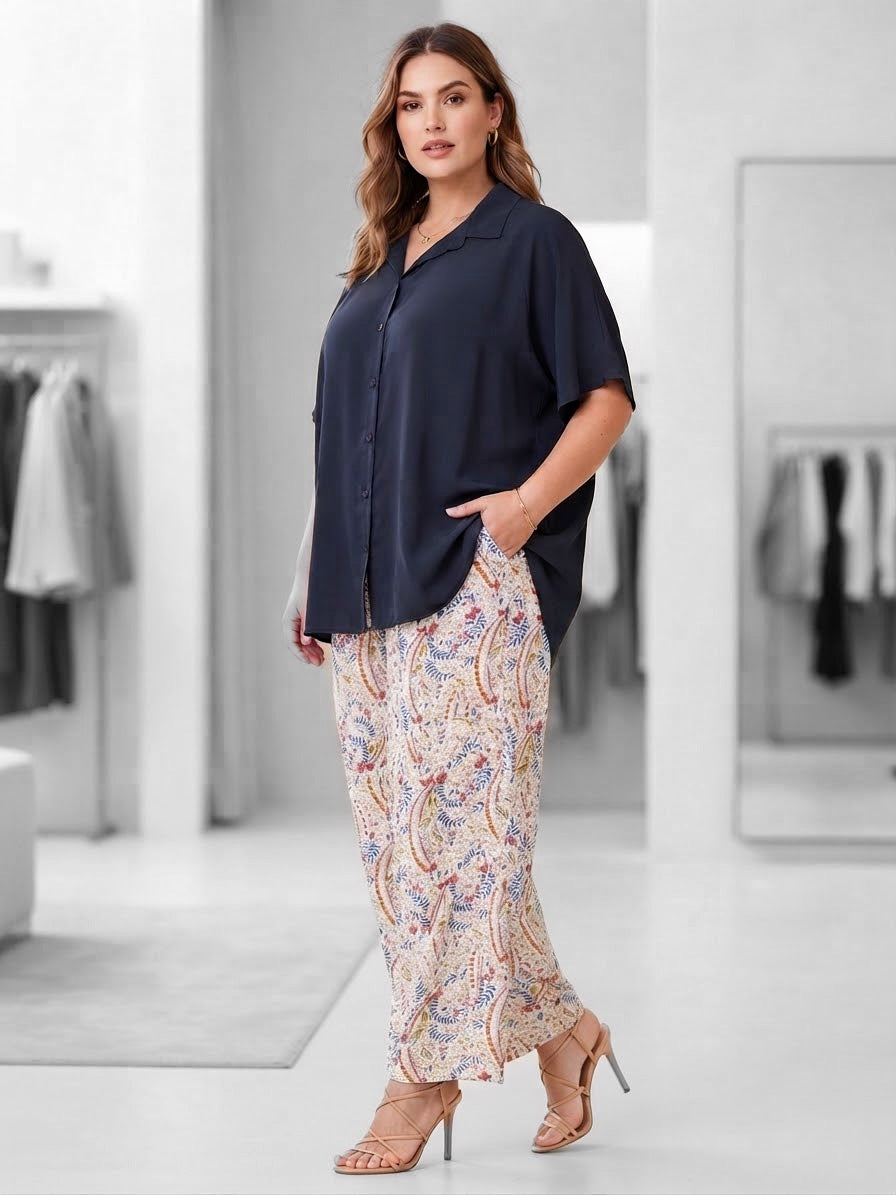Pantalone Donna in Cotone Fresco – Vita Elasticizzata, Gamba Dritta e Larga