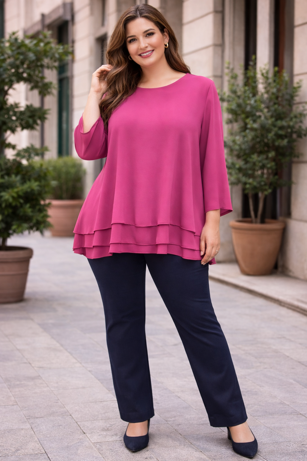 Casacca Elegante Magenta a Balze – Linea Morbida Curvy