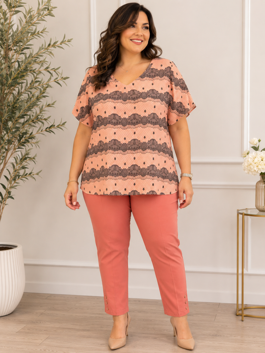 Casacca Donna Taglie Comode a Fantasia con Scollo a V