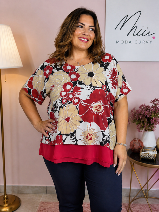 Casacca Donna Taglie Comode Fantasia Floreale Vinaccia e Beige