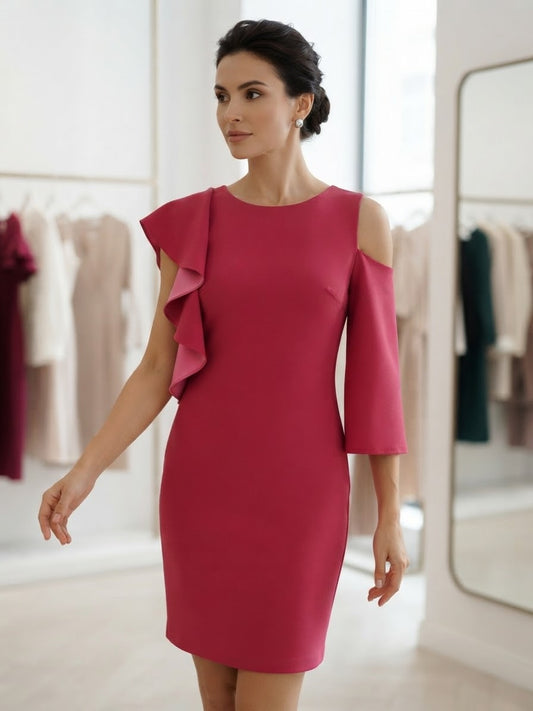 Vestito Donna Elegante Fucsia Motivi con Volant e Manica Asimmetrica Taglia 40/42