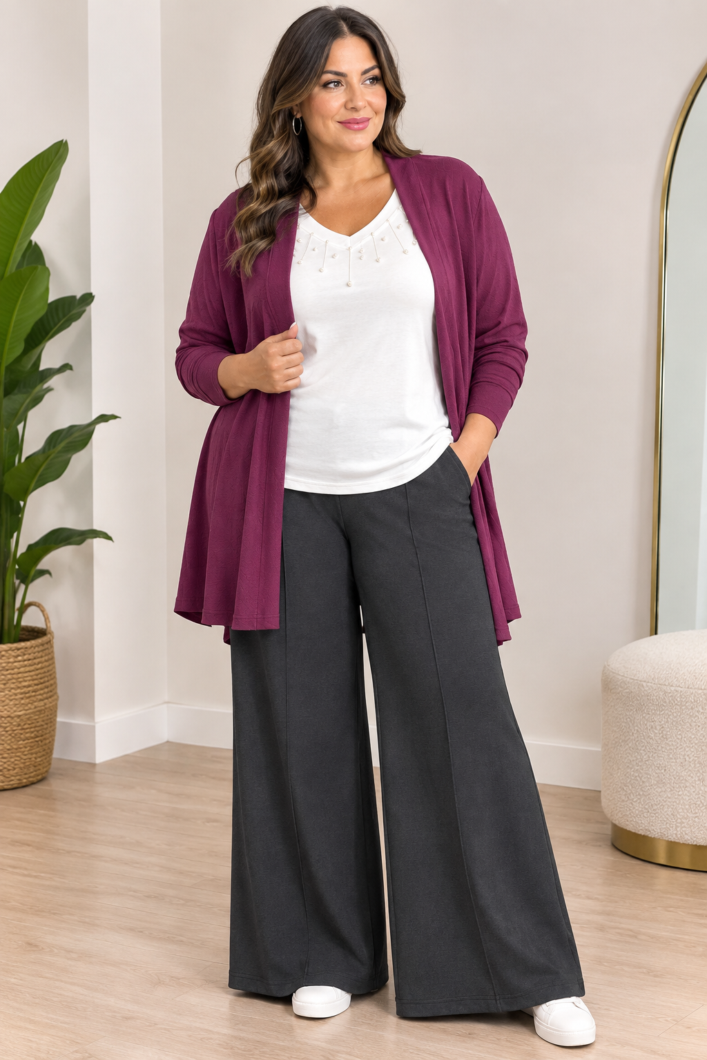 ⁠Cardigan Giacca da Donna Taglie Comode Versatile in Viscosa - Bordeaux