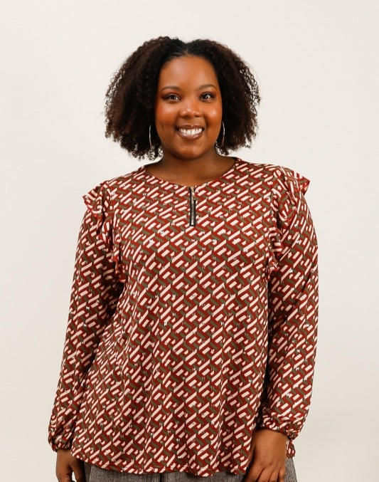 Blusa Elegante e Versatile – Fantasia Geometrica, Modello Sfiancato